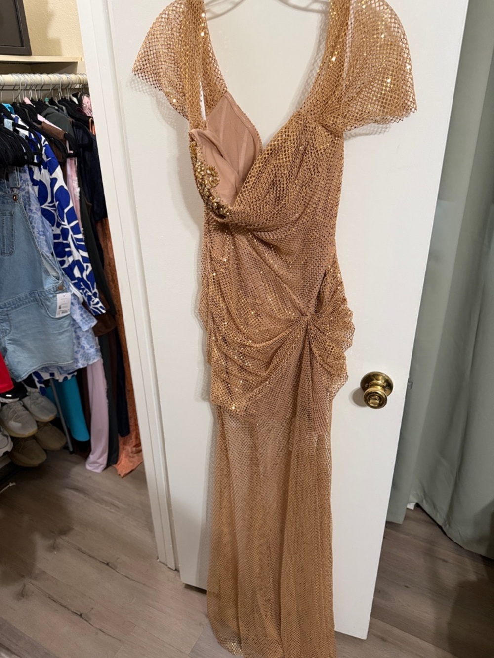 Gold Sequin Draped Maxi Evening Gown